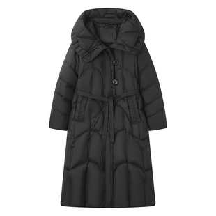 2025年冬季新款女装长款羽绒服女修身黑色过膝连帽白鸭绒外套加厚