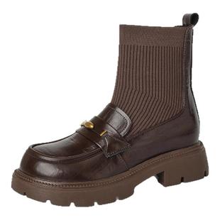 星期六弹力瘦瘦靴女2025冬季款厚底增高英伦风短靴针织乐福连袜靴