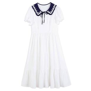 雪纺连衣裙初中生夏季花边娃娃领仙气少女中长款日系中学生长裙薄