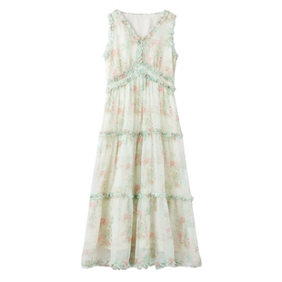 MISSCOCOON可可尼无袖白色连衣裙女款2025年新款雪纺V领碎花长裙