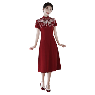 红色云肩旗袍敬酒服新娘结婚高级绝美新中式订婚礼服连衣裙小个子