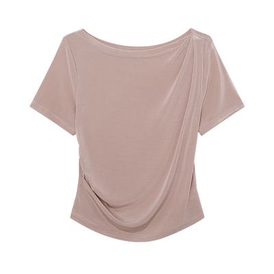 Basic House/百家好轻奢醋酸短袖T恤不规则褶皱收腰上衣夏季新款