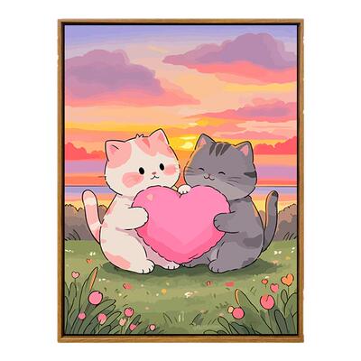 夕阳情侣猫咪数字油画diy