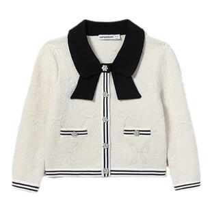 self-portrait 2025早春童装白撞黑蝴蝶结小香风针织外套开衫