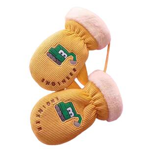 防风儿童手套包指男宝宝女童冬季加绒加厚挂脖绳卡通挖掘机防冻手