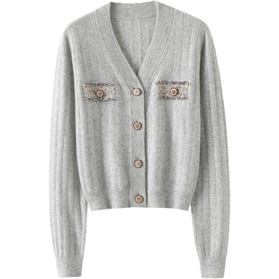 爆美~立体彩线装饰V领山羊绒开衫女纯羊绒毛衣针织开衫小外套秋冬