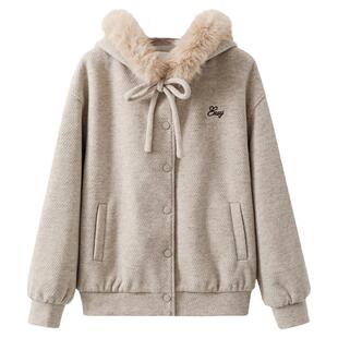 夕蒙2026新款冬季韩系巨好看独特超好看小个子连帽毛领毛呢外套女