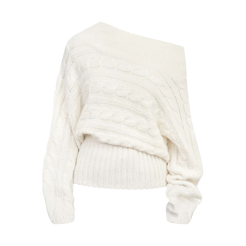 田曦薇同款白色斜肩绞花毛衣女秋冬宽松复古慵懒风长袖针织衫上衣