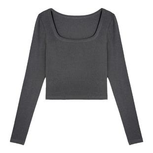 pusumede 方领长袖针织t恤女短款修身显瘦百搭内搭黑色打底衫上衣
