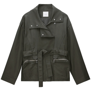 【季末折扣】欧时力100%匹马棉猎装夹克外套中长款腰带2025秋冬新