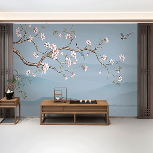饰壁画 3d新中式 古典玉兰花鸟电视背景墙壁纸影视墙布客厅卧室8d装