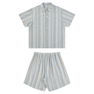 TreesHome复古蓝底黄白条纹家居服夏季睡衣套装男女