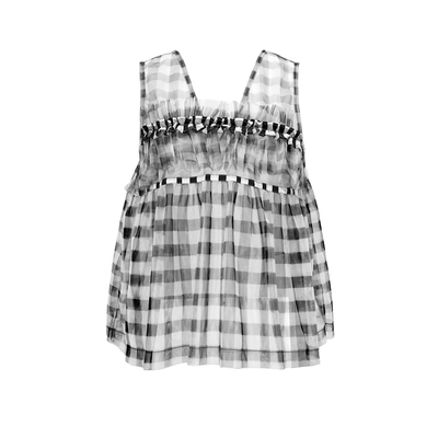 「PETITE线」YUNKIXU原创日系小个子叠穿黑白格绑带拼接网纱罩衫