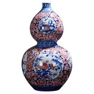 景德镇陶瓷器花瓶仿古手绘青花釉里红开窗花鸟葫芦瓶中式公司摆件