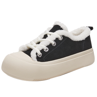 黑色平底运动鞋女款加绒2026春季真皮百搭丑萌女士休闲保暖棉鞋子