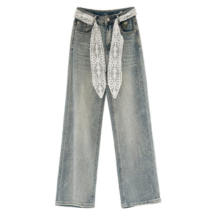 高端女裤欧洲站2026春新款满天星烫钻直筒牛仔裤百搭窄版显瘦长裤