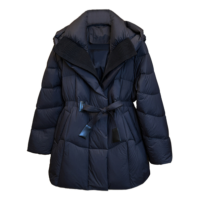 2025新款女装冬修身收腰中长款羽绒服女紫咖色连帽拼接外套白鸭绒