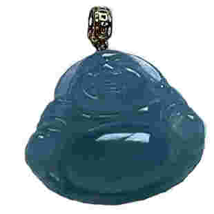 A货翡翠冰种晴水绿小佛吊坠天然老坑迷你弥勒佛挂坠镶嵌18k金扣