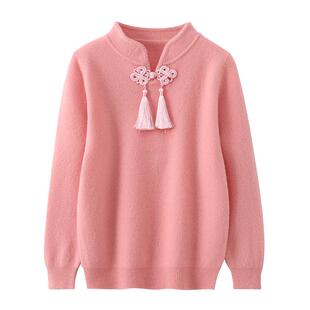 新款中国风儿童100%纯羊毛衫女童盘扣流苏羊绒针织打底衫复古中式