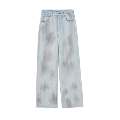 REMOULD 初秋新款小众潮牌做旧涂鸦脏染浅蓝阔腿牛仔女裤宽松慵懒