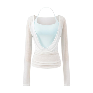 怪力酱 天丝荡领防晒罩衫上衣套装女秋季胸垫收腰吊带长袖两件套