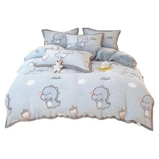 卡通牛奶绒被套单件冬季加绒床单珊瑚绒儿童床上双面绒被罩三件套