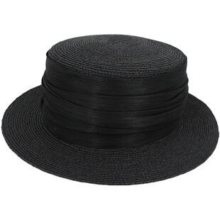 Lion～嘀嗒 自留金丝草平顶平檐草帽真丝麻褶皱装饰boater hat