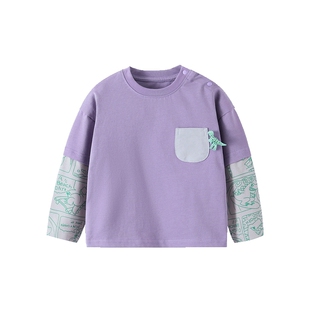 [抗菌纯棉]齐齐熊男童t恤长袖假两件春秋款印花宝宝上衣儿童春装