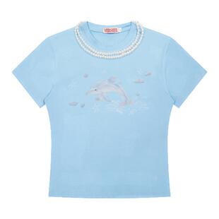 辣到中暑夏季甜酷辣妹珍珠项链海豚印花短袖T恤显瘦短款上衣ins