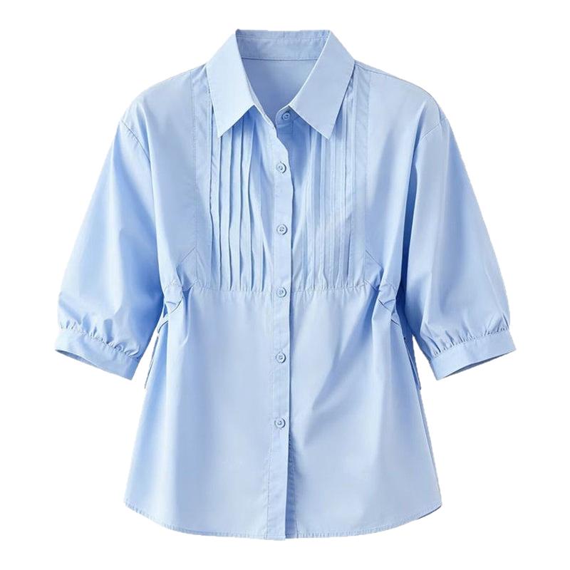 法式纯棉POLO领短袖衬衫女夏季