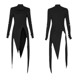 哥特风格长袖不规则连衣裙高腰显瘦镂空设计A字裙黑色时尚女装潮