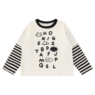 幼悠 男童猫咪条纹假两件T恤春季童趣可爱字母萌宠印花休闲上衣潮