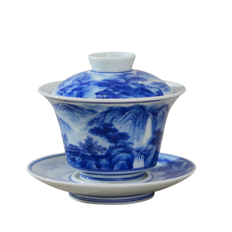 仿古陶瓷三才盖碗茶杯手绘景德镇功夫茶具青花瓷山水泡茶碗全手工