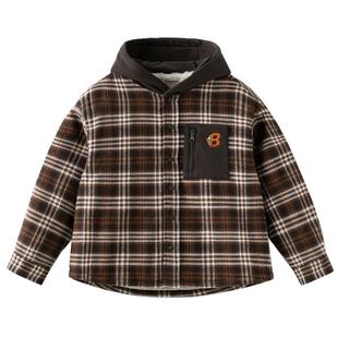 戴维贝拉中大童拼接外套2026冬装新款男童长袖保暖格子加绒连帽衫