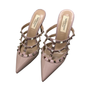 2026新款v家凉拖鞋女外穿半拖鞋细跟尖头铆钉凉鞋一字带高跟拖鞋