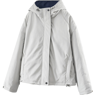 冬季休闲连帽拉链款棉衣100%棉外套女宽松短款纯色插肩袖保暖棉服