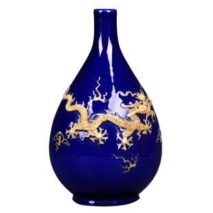 仿古景德镇陶瓷器手工雕刻龙纹内府霁蓝祭蓝釉胆花瓶中式工艺品
