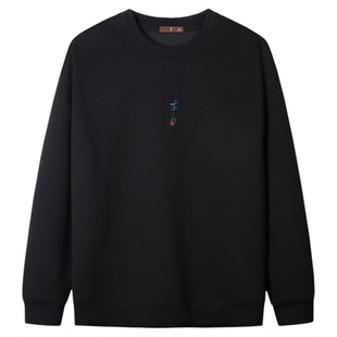 才子刺绣印章卫衣男士2025春秋新款时尚休闲弹力无帽套头黑色上衣