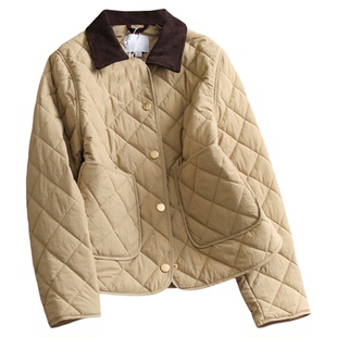 复古撞色灯芯绒翻领绗缝薄款夹克外套冬季新款长袖女棉衣棉服M687