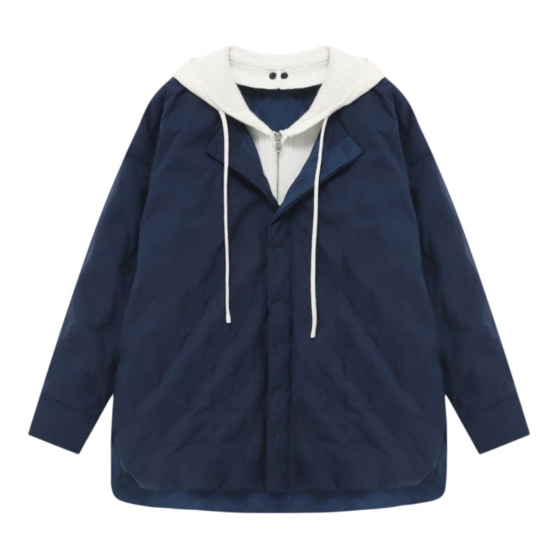 Basic House/百家好时尚假两件撞色拼接长款羽绒服保暖连帽外套女