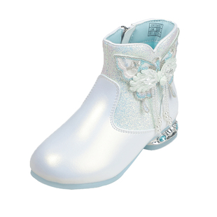 思加图童鞋闪钻小蝴蝶时装靴冬季加绒保暖时尚皮靴小高跟公主短靴