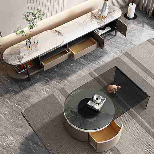 轻奢现代简约客厅岩板圆形茶几小户型高级感家用钢化玻璃极简茶台