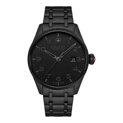 代购SWISS MILITARY HANOWA男士腕表日期夜光计时防刮黑色钢带