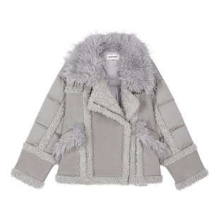 UOOYAA/乌丫2025冬季新款「奇幻精灵」毛毛拼接机车夹克羽绒服