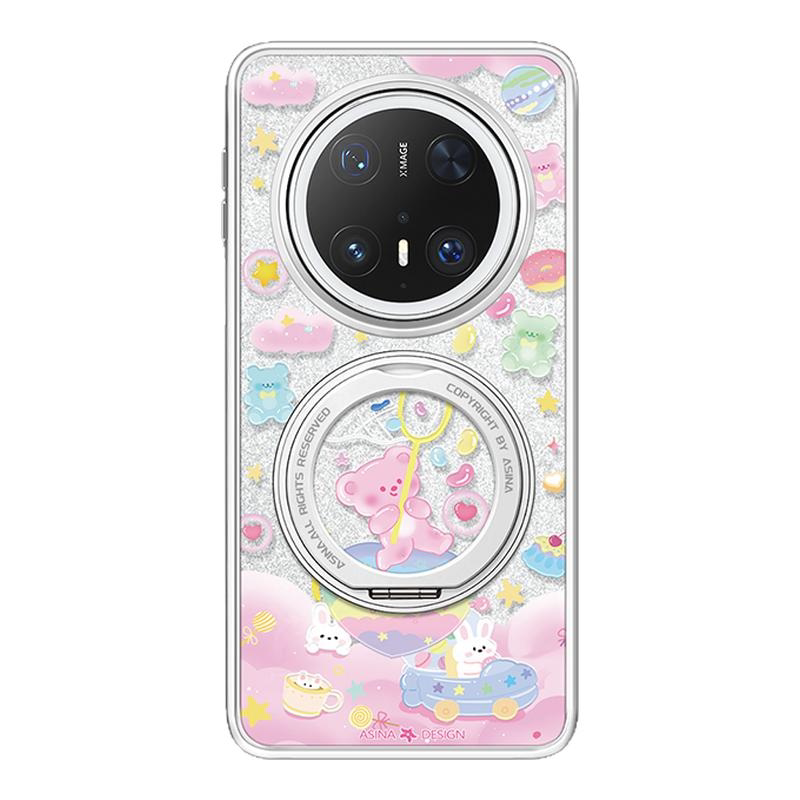 软糖小熊适用华为Mate60Pro手机壳磁吸带支架新款mt70por+支点套Qo1高级感网红可爱卡通mete60全包闪粉奢华女