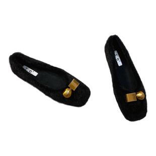 2025秋冬季新款时尚加绒平底毛毛鞋女单鞋大码黑色棉瓢鞋女工作鞋