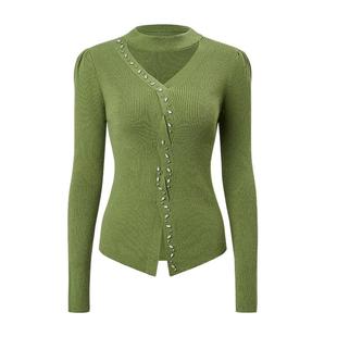 【SGPR】橄榄绿羊毛混纺针织衫打底前襟交叉长袖上衣