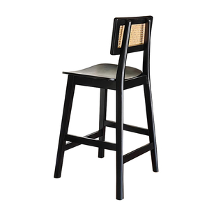 北欧复古藤编实木吧台椅岛台椅子高脚凳家用咖啡餐厅靠背中古休闲