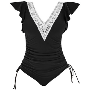 欧美泳衣女泡温泉大码海边度假蕾丝V领荷叶短袖连体泳装显瘦海岛