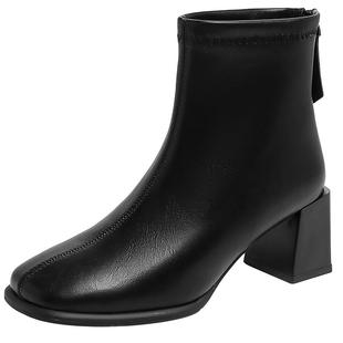 大东粗跟短靴女鞋冬时尚潮流舒适简约方头后拉链高跟鞋0113